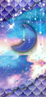 Dreamy cosmic wallpaper with a crescent moon and colorful clouds.