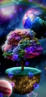 Magical cosmic scene with floating tree and colorful stars.