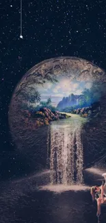 Surreal cosmic waterfall with celestial backdrop.