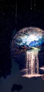 Surreal cosmic scene with waterfall and fantasy elements in space.