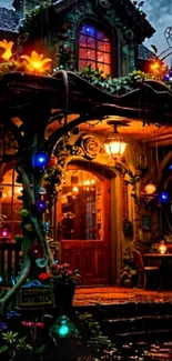 Cozy magical cottage illuminated at night with vibrant colors.