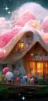 Whimsical cottage with pink cotton candy-like clouds.