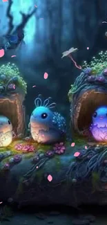 Enchanting forest with glowing creatures and mystical flowers.