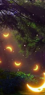 Mystical crescent moons glowing in a dark forest at night.