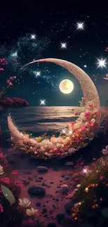 Crescent moon with flowers under a starry night sky.