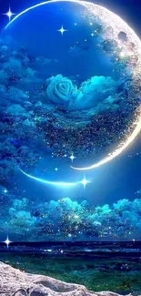 Ethereal crescent moon in a starry blue sky.