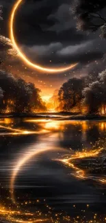 Crescent moon illuminating a magical night forest and river.