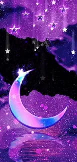 Magical purple night sky with crescent moon and stars.