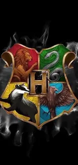 Magical crest with house emblems on a black background wallpaper.