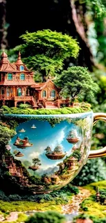 Fantasy art of a tea cup with floating islands and forest house.