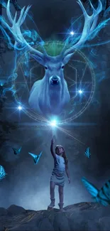 Girl reaching for glowing deer spirit in mystical forest.