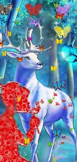 Magical white deer in forest surrounded by colorful butterflies.