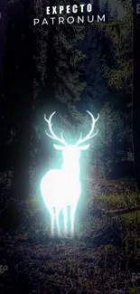 Glowing deer in a dark forest setting mobile wallpaper.