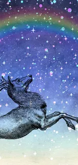 Mystical deer leaping under a rainbow in a starry sky wallpaper.