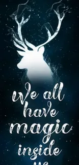 Mystical deer silhouette with magical quote on dark blue background.