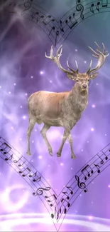 Majestic deer with musical notes in a magical purple design.