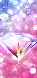 Vibrant wallpaper featuring a sparkling diamond in a colorful galaxy with a pink hue.