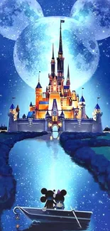 Magical Disney castle by night with two characters on a boat under a starry sky.