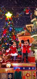 Colorful Disney-themed Christmas decorations with vibrant lights.