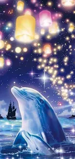 A dolphin under floating lanterns in a starry night ocean scene.