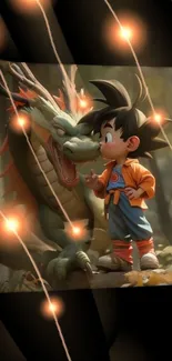 Child and dragon in a magical forest scene with glowing lights.