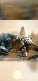 Dragon rests beside child in a dreamy landscape.