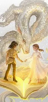 Illustrated dragon and children emerging from a glowing book.