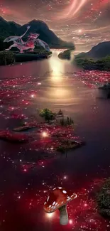 Magical landscape with dragon and glowing river.