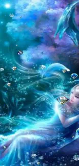 Magical blue wallpaper with a mystical mermaid in a dreamlike underwater scene.