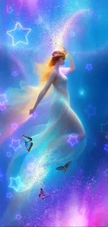 Ethereal woman with stars and butterflies in a vibrant blue and pink dreamscape.