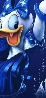 Animated duck in a blue starry outfit with a magical aura.