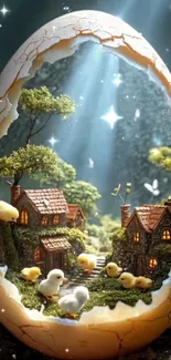 Miniature village inside a glowing egg with light rays.