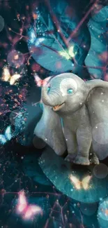 Elephant with glowing butterflies in mystical forest.