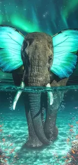 Elephant with butterfly wings in a magical underwater fantasy scene.