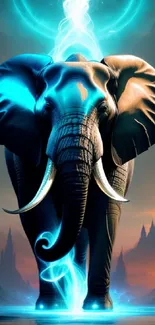 Fantastical elephant in electric blue hues with magical aura.