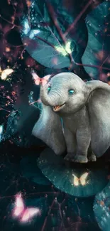 Whimsical elephant with glowing butterflies in a fantasy forest scene.