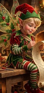 Elf writing a list in a festive, whimsical setting with holiday elements.