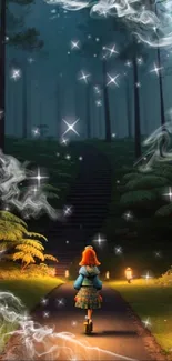 A girl walks along a magical, lantern-lit forest path under twinkling stars.