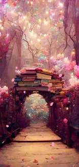 Dreamy enchanted forest path with flowers and books in magenta hues.