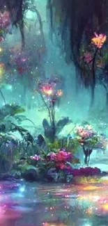 Enchanted forest with glowing lights and vibrant flowers in a serene setting.