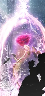 Enchanted rose under glass dome with silhouettes