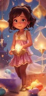 Child in a magical world holding a glowing lantern with whimsical surroundings.