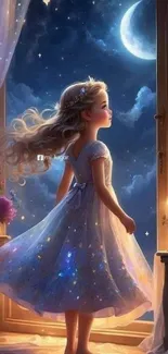 Fantasy girl in moonlit night with starry sky and open window view.