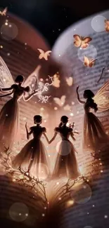 Fairies dancing over an open book with glowing butterflies.