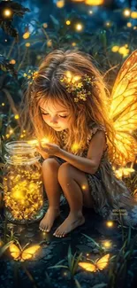 A magical fairy in a forest surrounded by glowing fireflies.