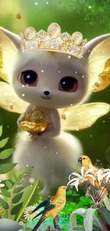 Whimsical fairy creature with a golden crown in a magical forest.