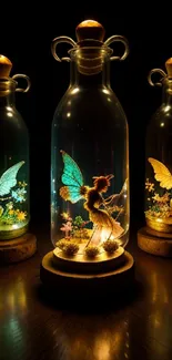 Magical glowing fairies inside decorative bottles.