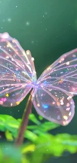 Ethereal butterfly with glowing, sparkling wings on a vibrant green background.