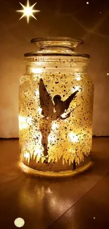 A glowing candle jar with a fairy silhouette and magical golden light.