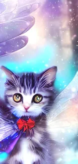 Magical fairy cat with wings and a red bow on a colorful background.